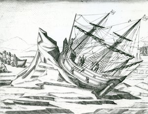 Zeilschip gestrand op ijsberg, illustratie uit 